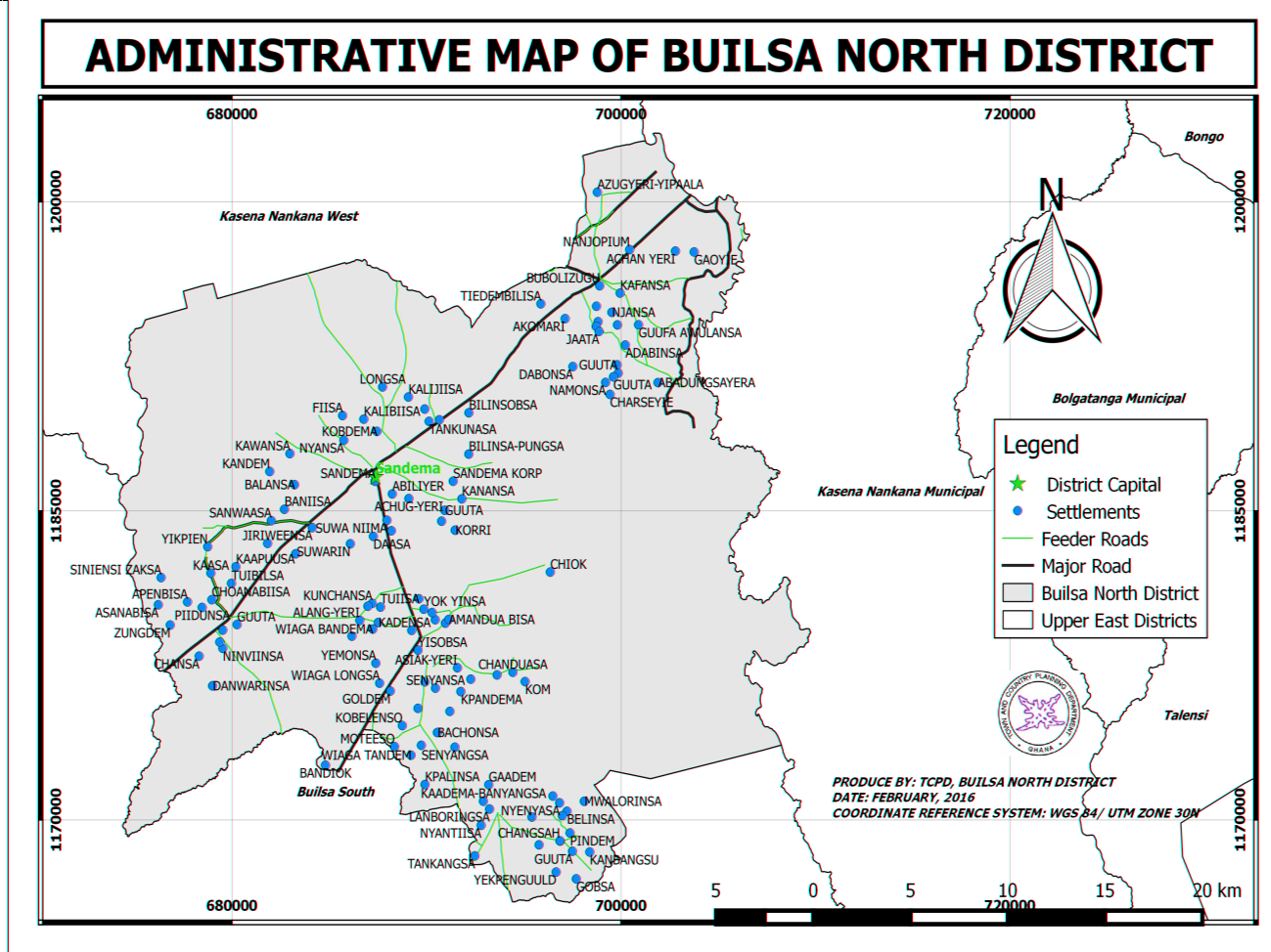 Administrative map of Builsa North District showing settlements and road network